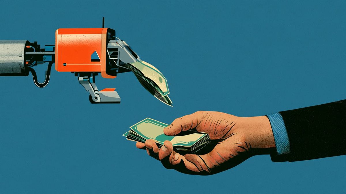 Illustration shows AI agent handing over mone