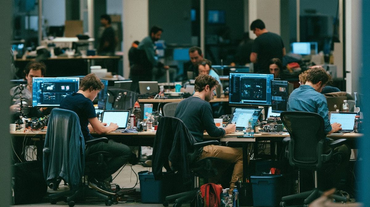 Researchers working in an AI lab