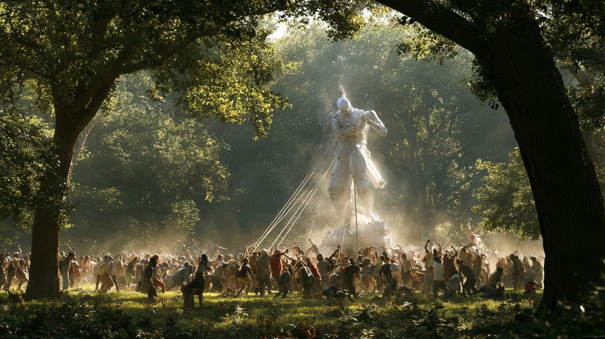 Image of a robot statue being pulled from its pedestal
