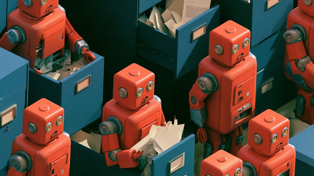 image shows robots stealing files