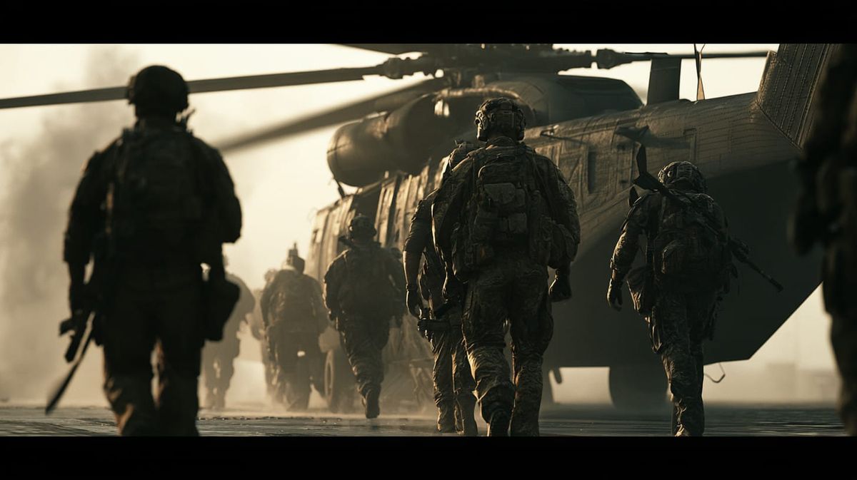 image shows soldiers boarding a helicopter