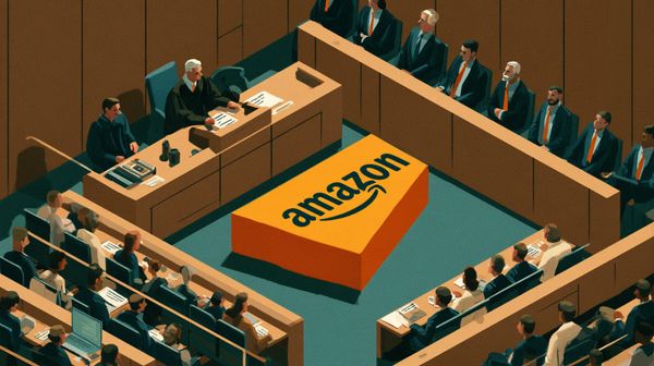 cartoon showing the Amazon logo before a judge