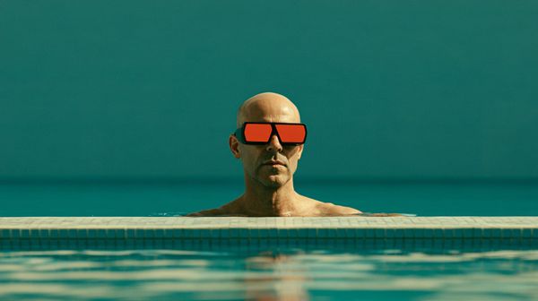 man wearing meta glasses at swimming pool
