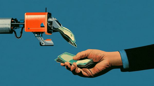 Illustration shows AI agent handing over mone