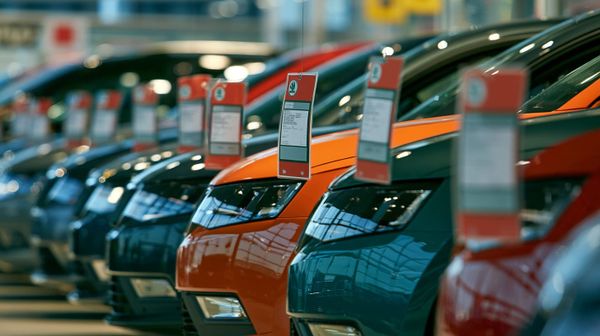 Image of a line of cars with price stickers on a dealer's lot