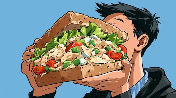 Image shows consumer eating a chicken salad sandwich