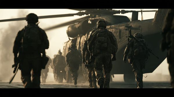 image shows soldiers boarding a helicopter