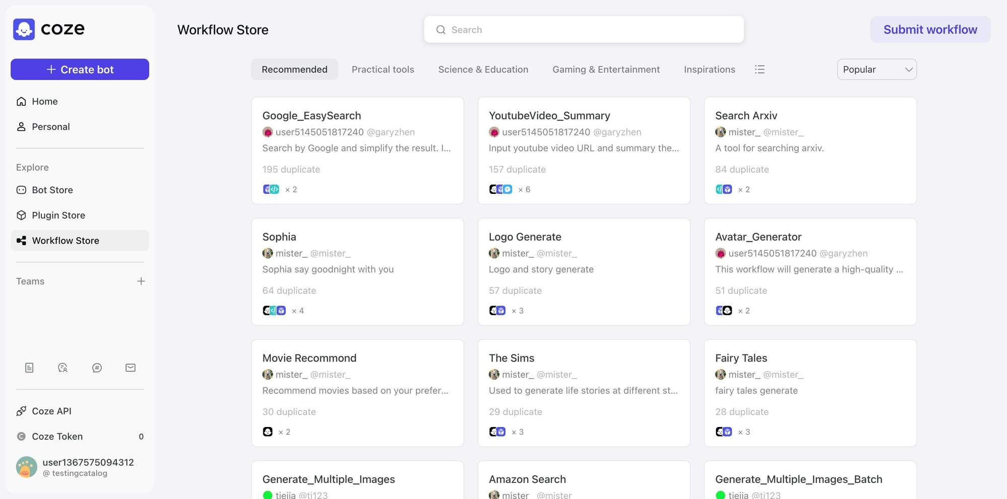 Workflow Store on Coze