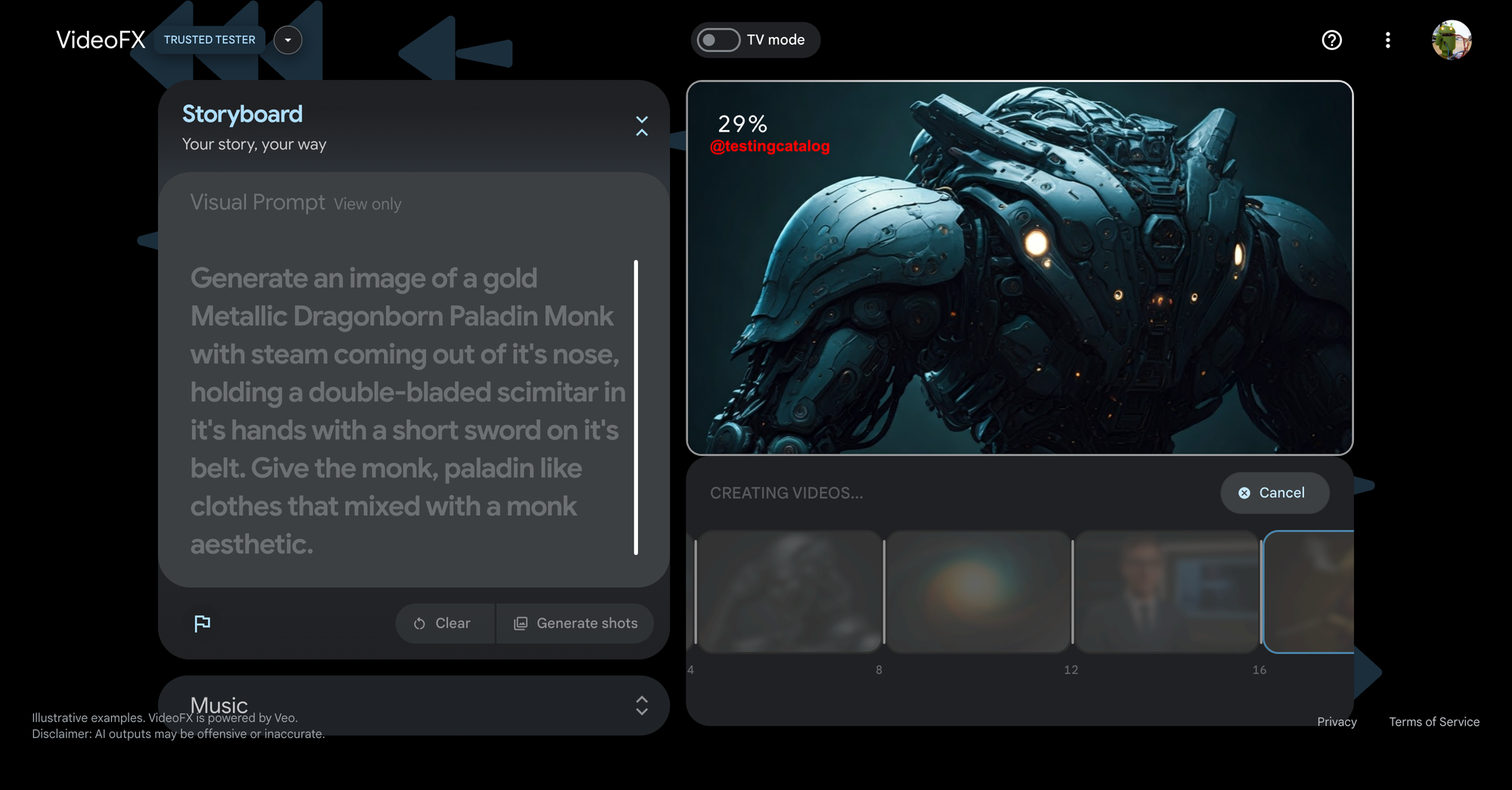 Old version of Storyboard in VideoFX, June 2024