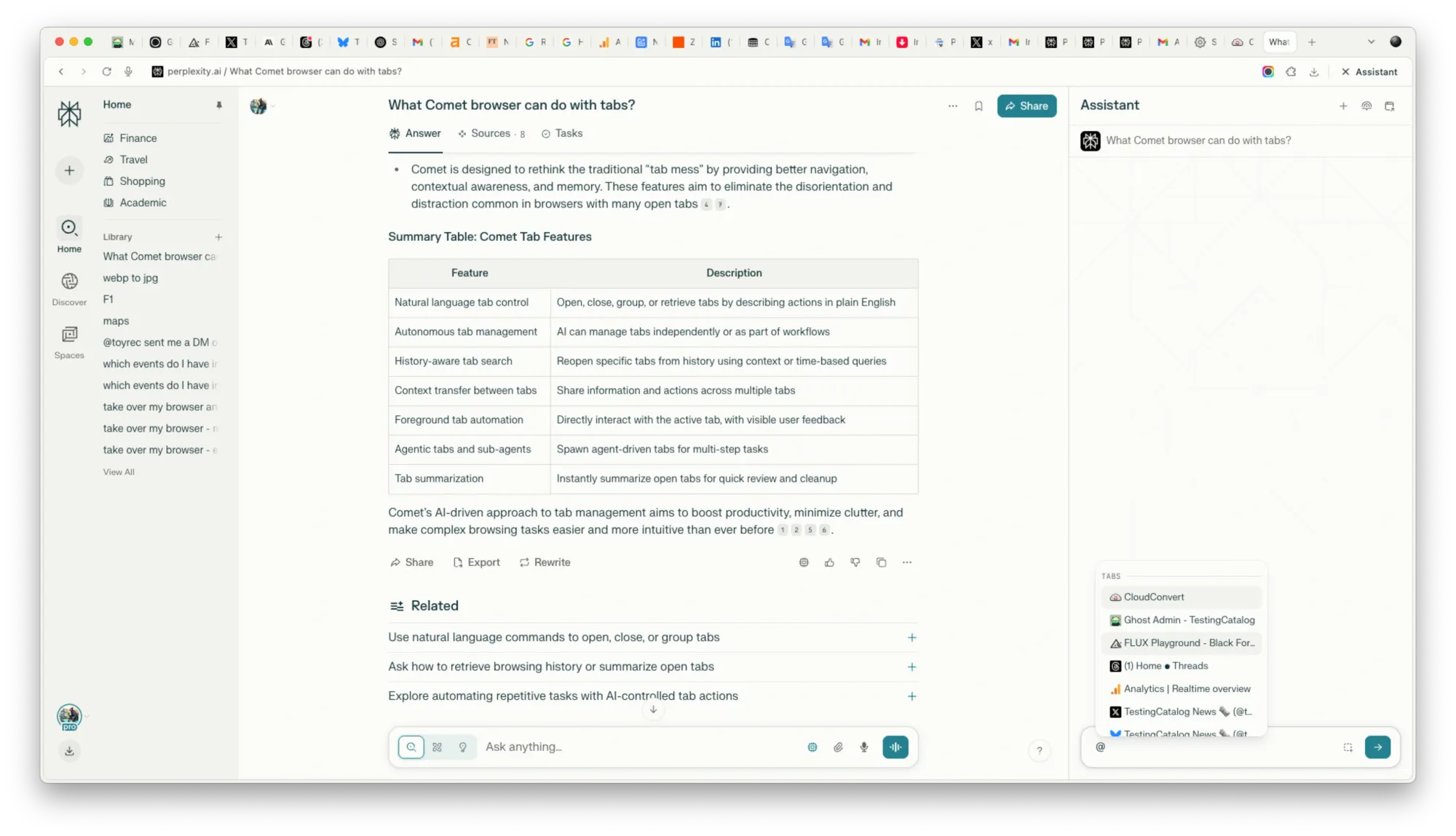 Comet tab management and side bar