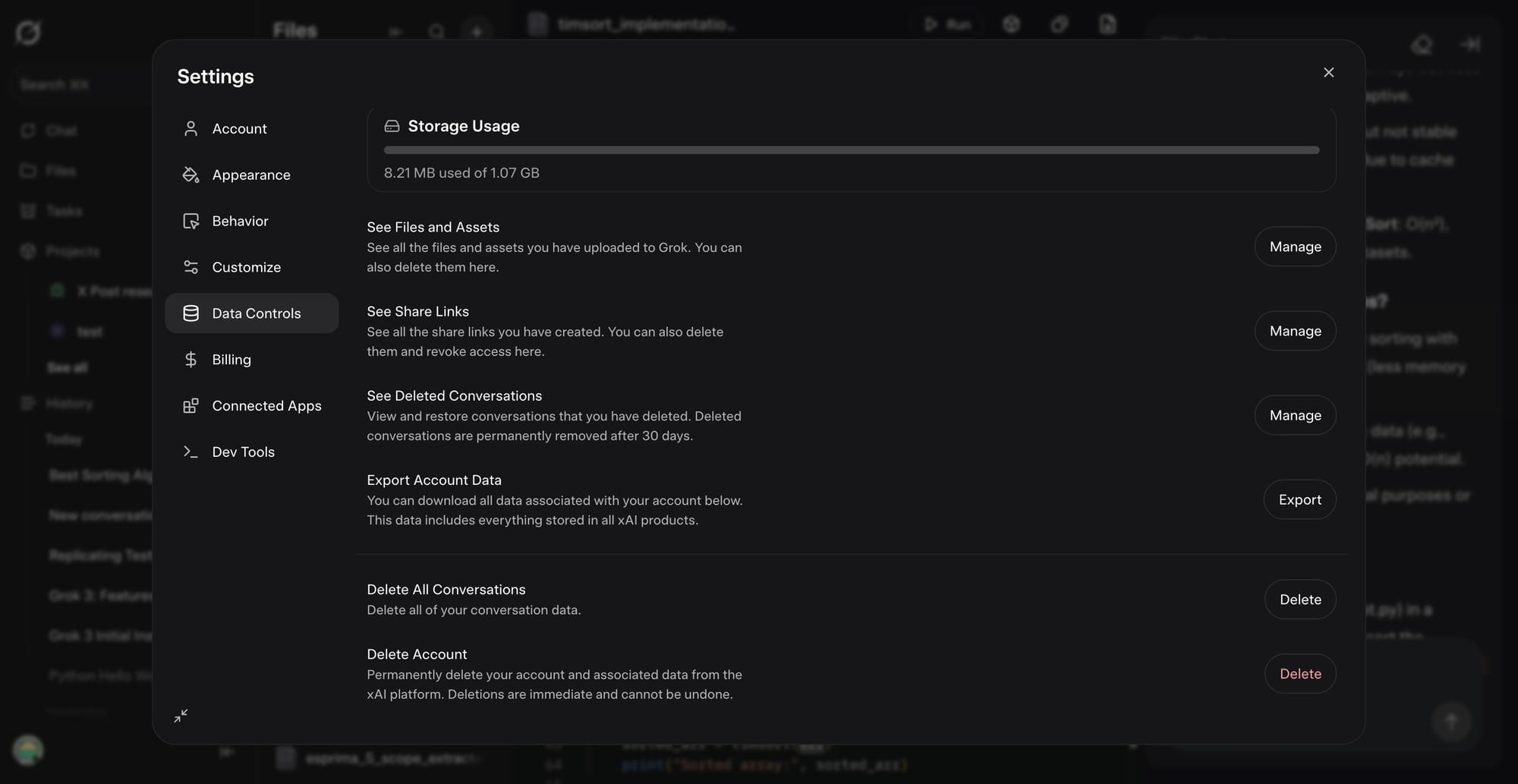 Hidden Grok's Storage Usage UI