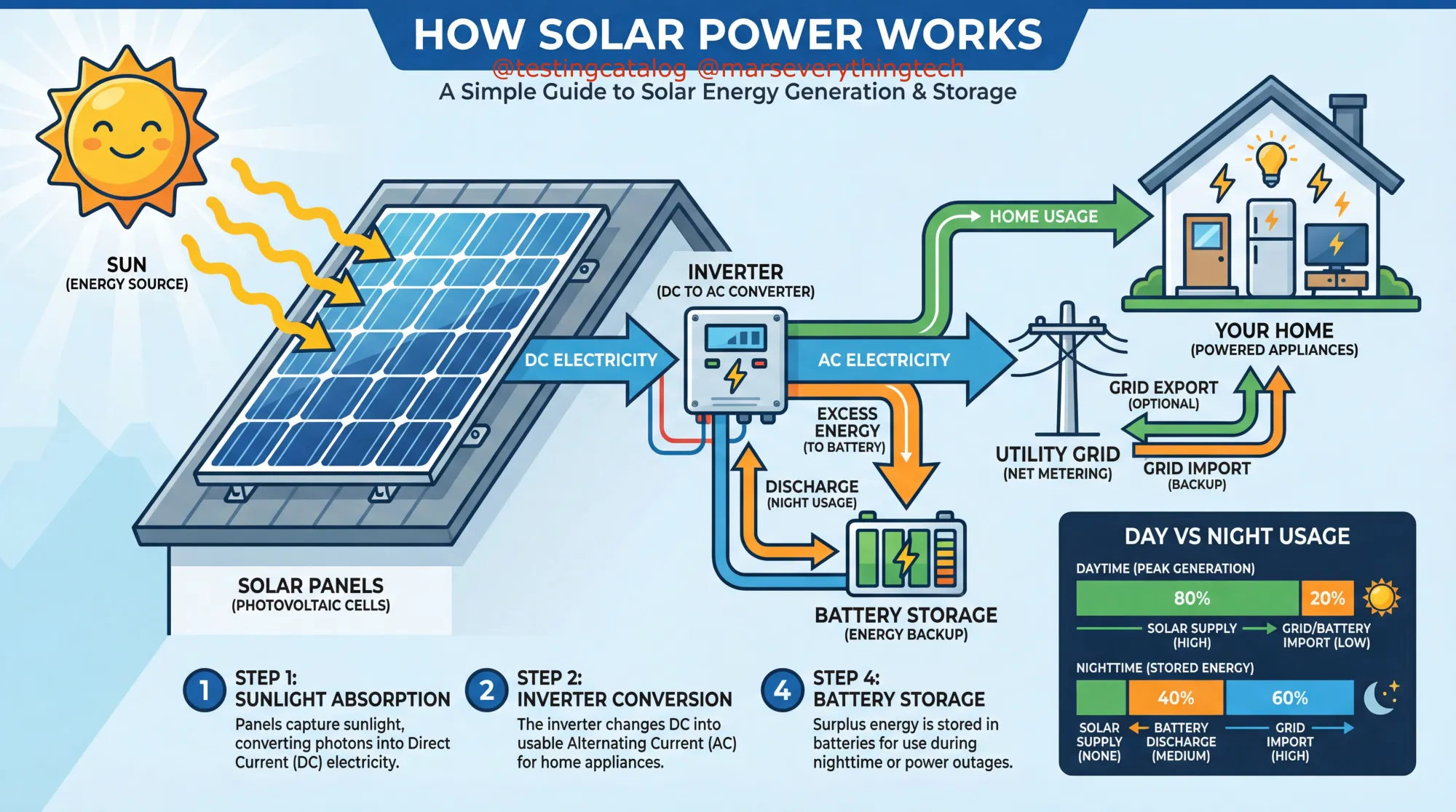 Prompt: Create a wide infographic titled "How Solar Power Works" with a clean flat design. Include: a sun icon, solar panel diagram, arrows showing energy flow to a house and battery, four numbered steps with short captions, and a comparison bar chart of "Day vs Night usage". —ar 16:9