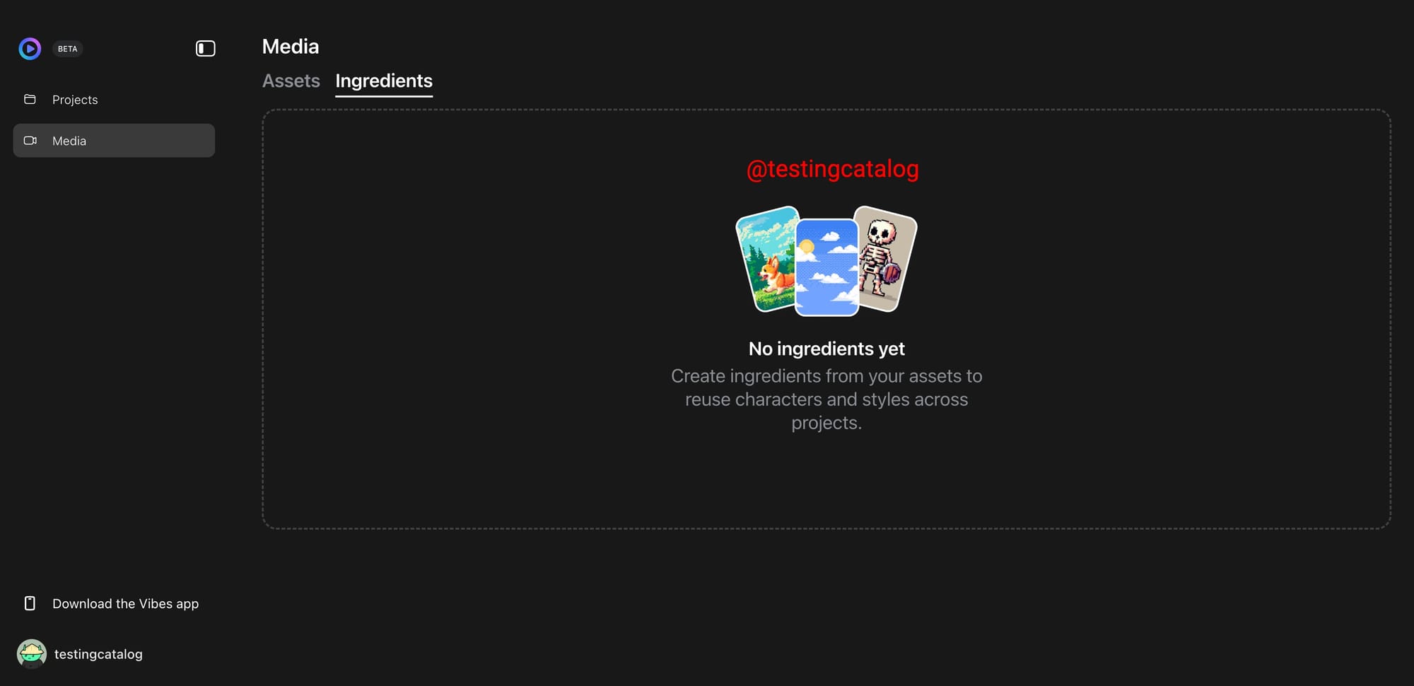 Vibes AI, media tab (not available yet)