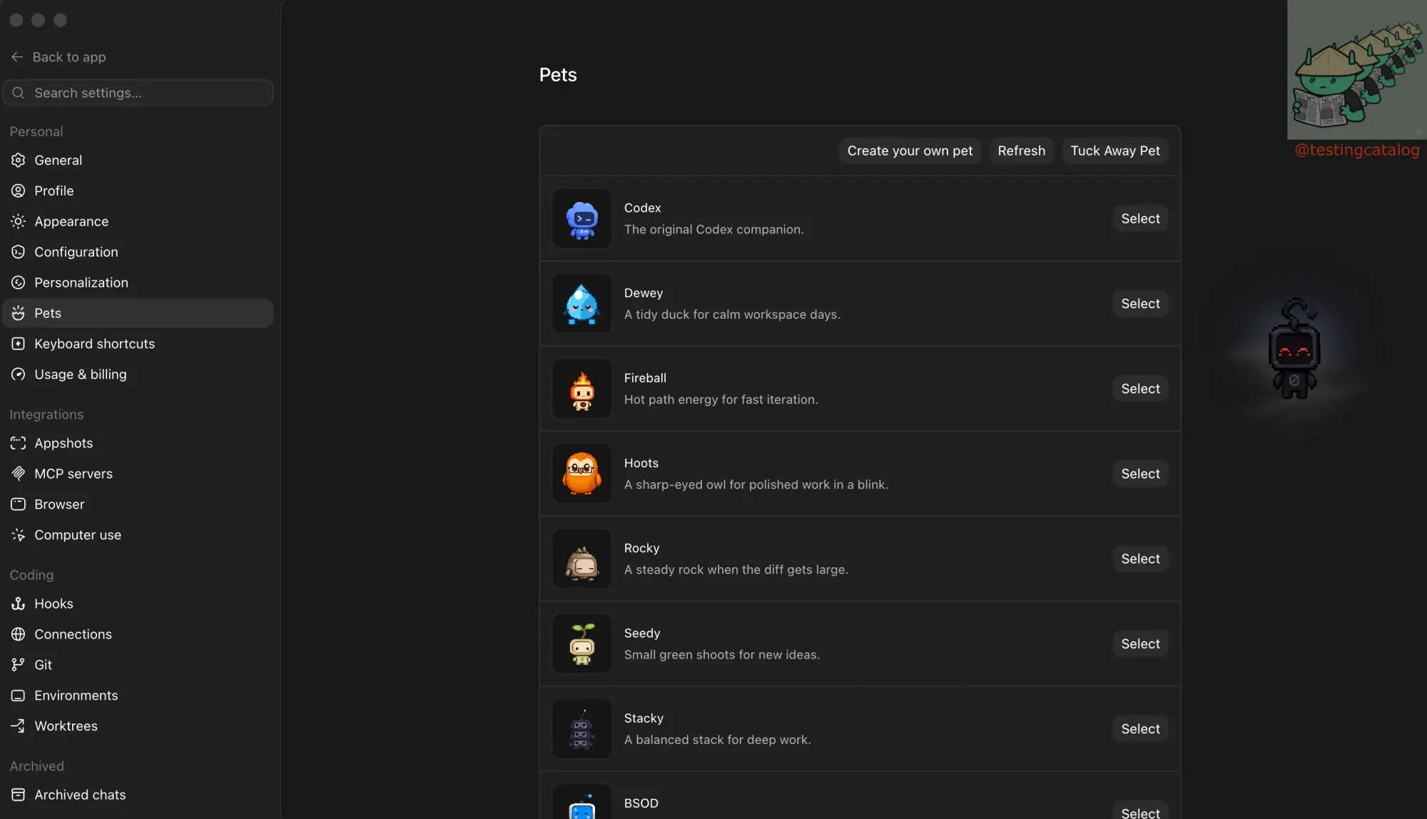 Dedicated settings tab for Pets in Codex