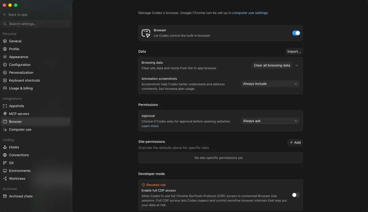 OpenAI released CDP support for browser use on Codex