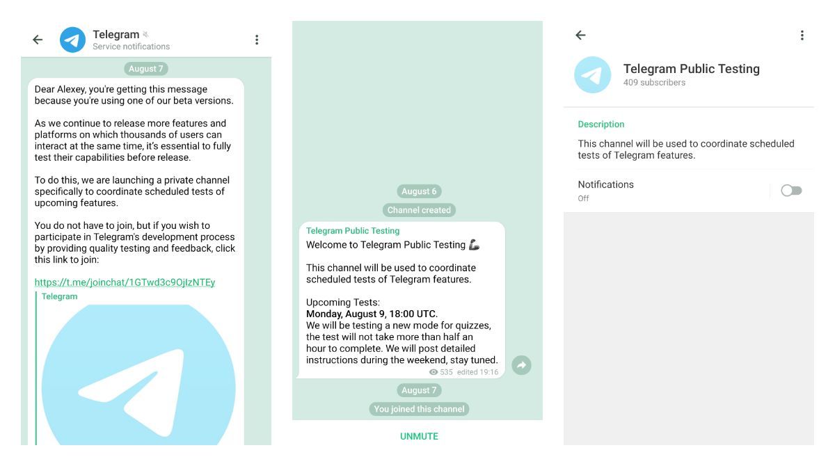 Telegram is sending invites to beta testers to join a new channel with public testing announcements