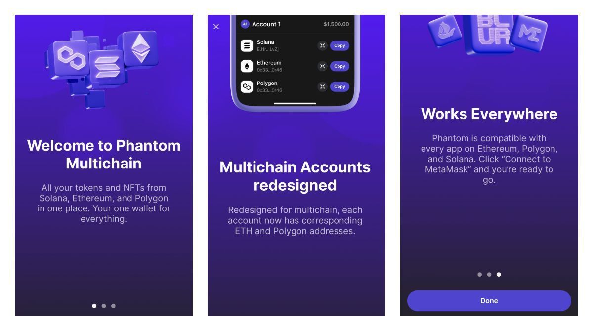 Phantom beta multi-chain wallet onboarding screens on Android