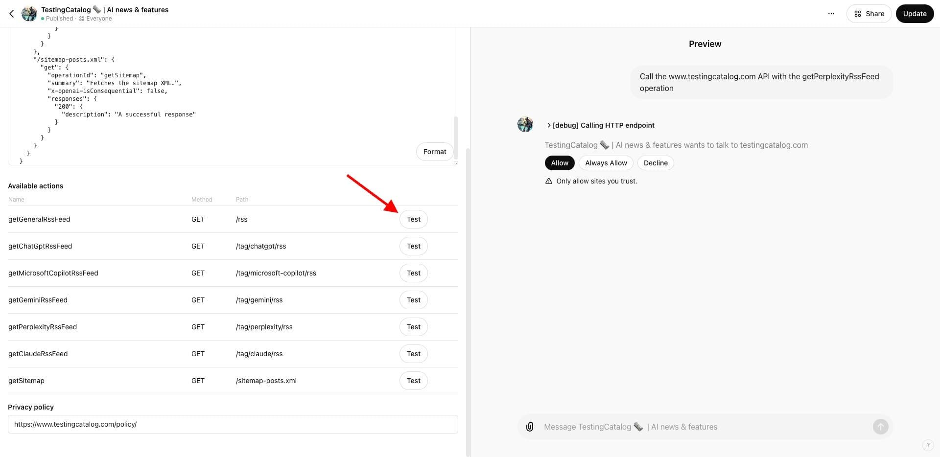 GPT builder custom action enhancements
