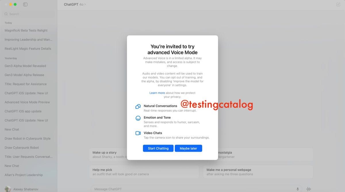 ChatGPT MacOS voice alpha invite