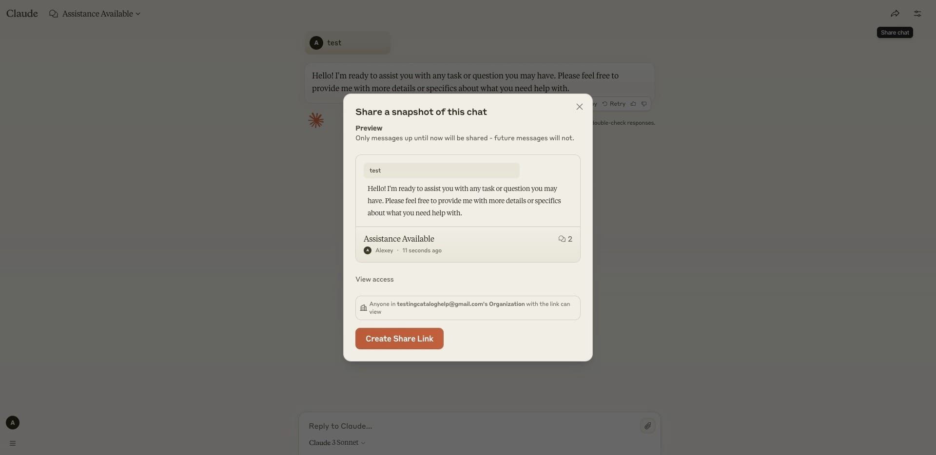 Link sharing menu on Claude