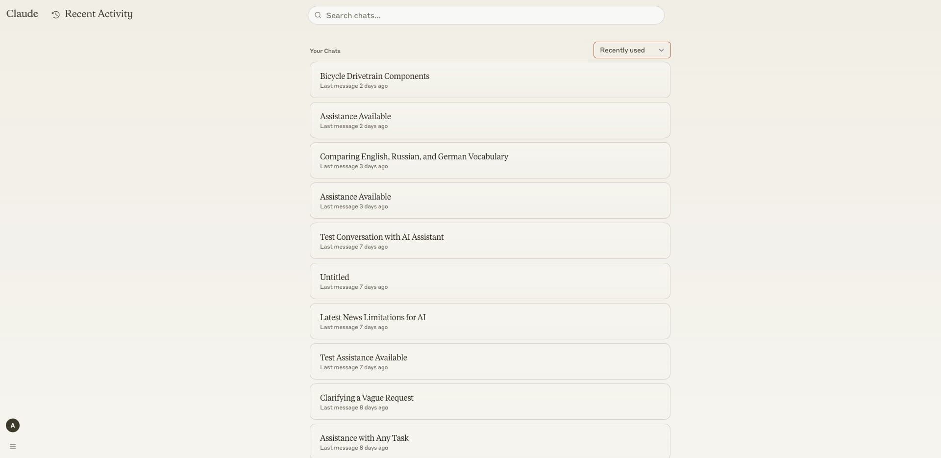 Recent Chats page on ClaudeAI