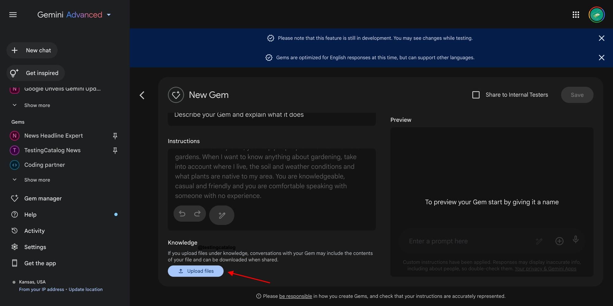 Gemini Gems knowledge base upload