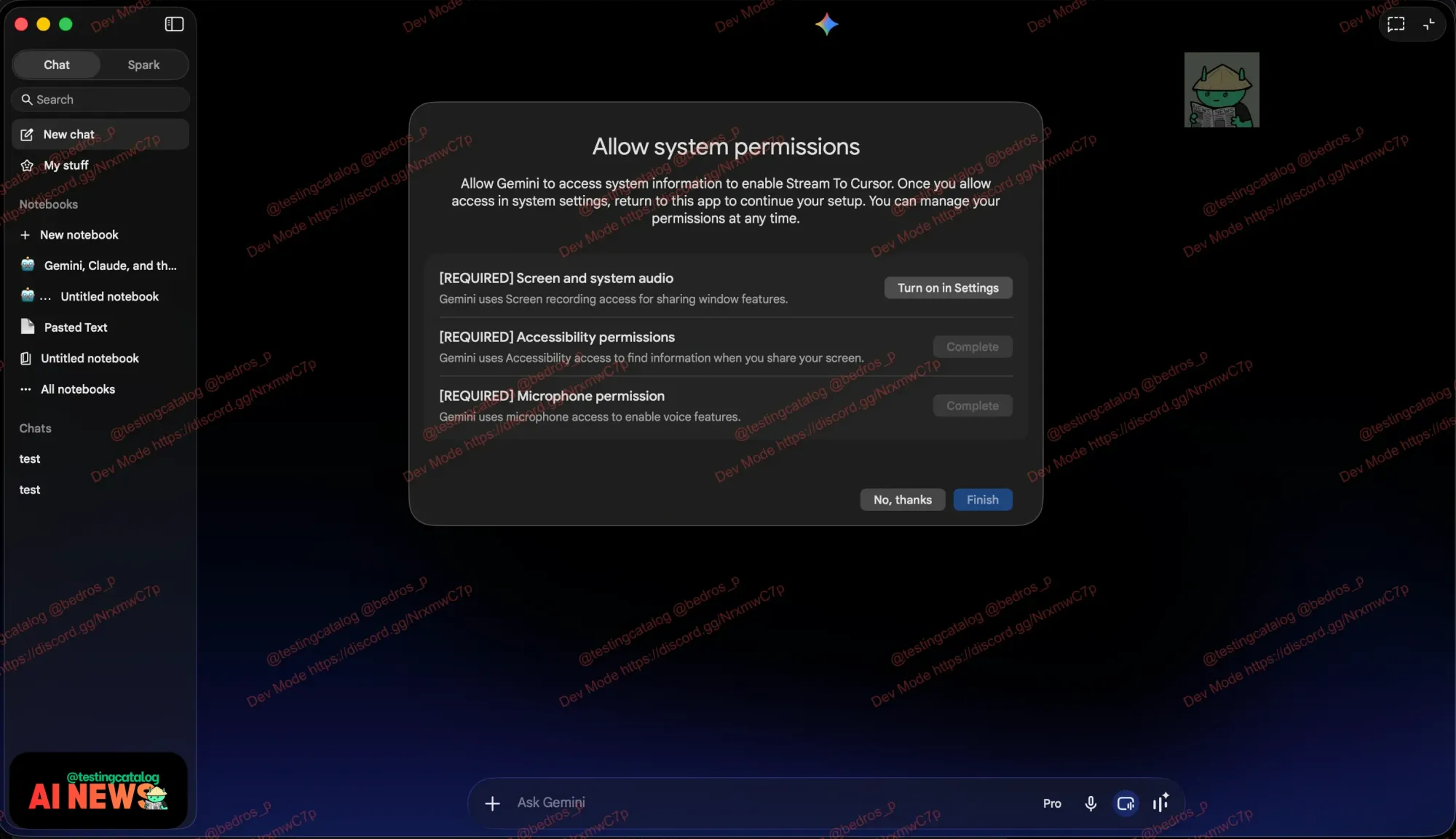 "Stream to Cursor" permission request on Gemini desktop