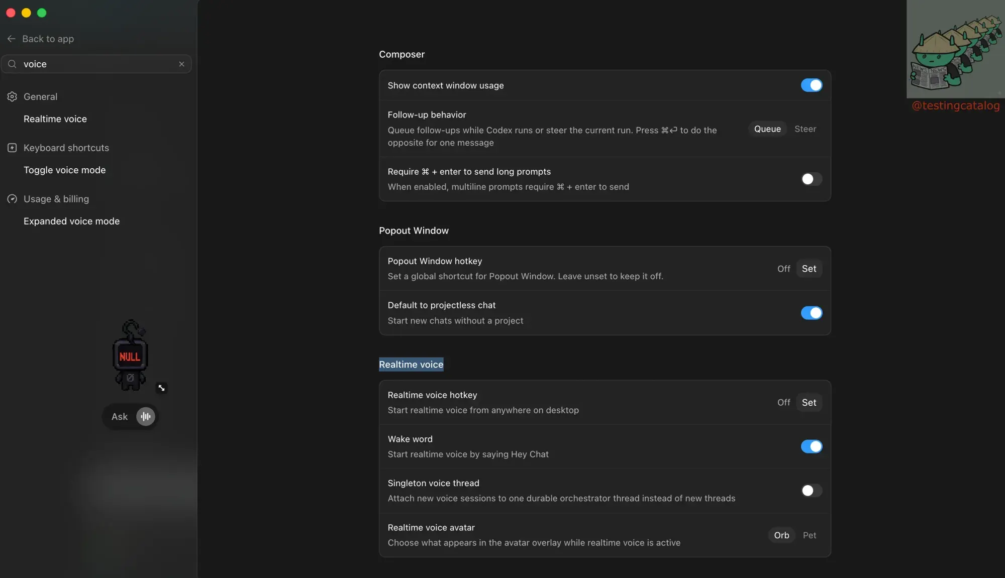 Realtime voice settings in Codex