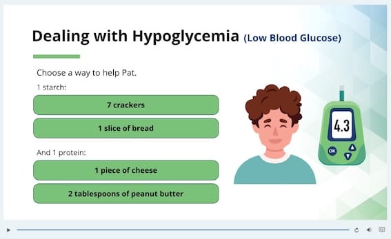 Screen capture from a learning module on the topic of Dealing with Hypoglycemia (Low Blood Glucose).