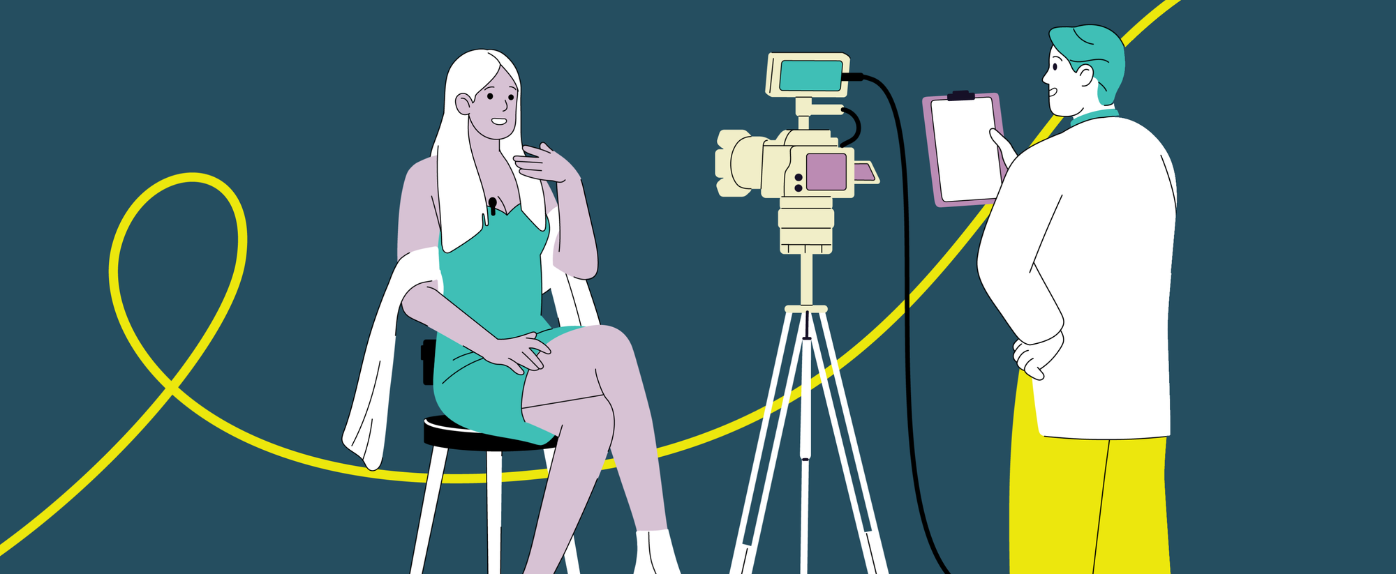 Camera studio setting with a woman sitting on a chair