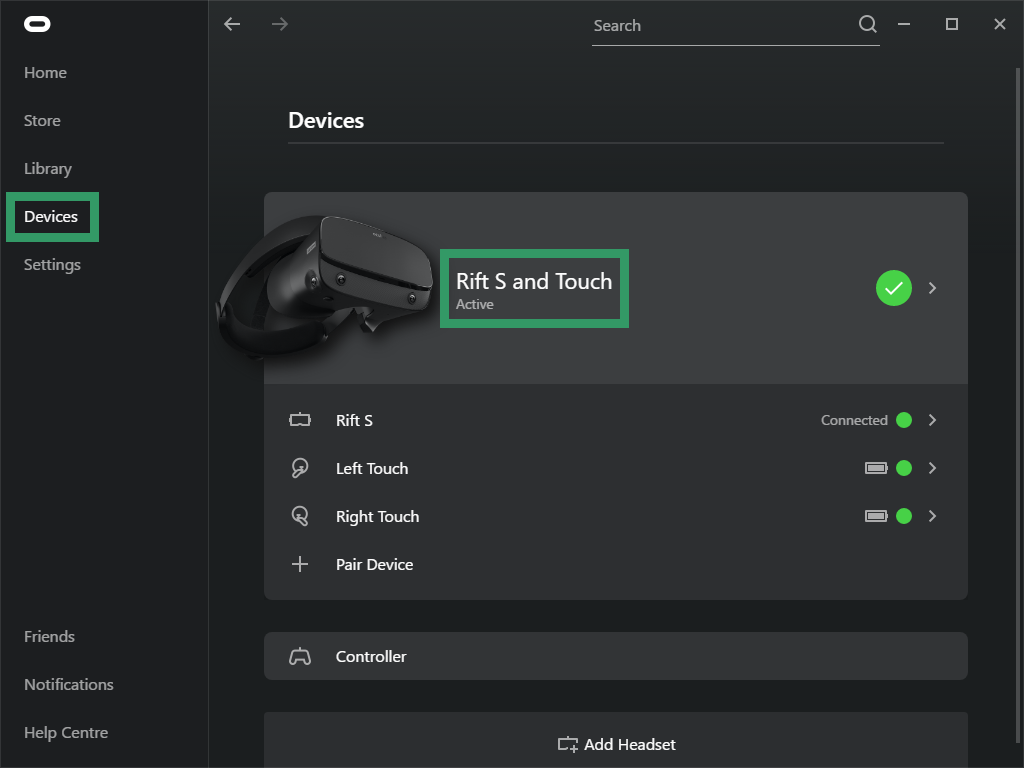 oculus app devices tab