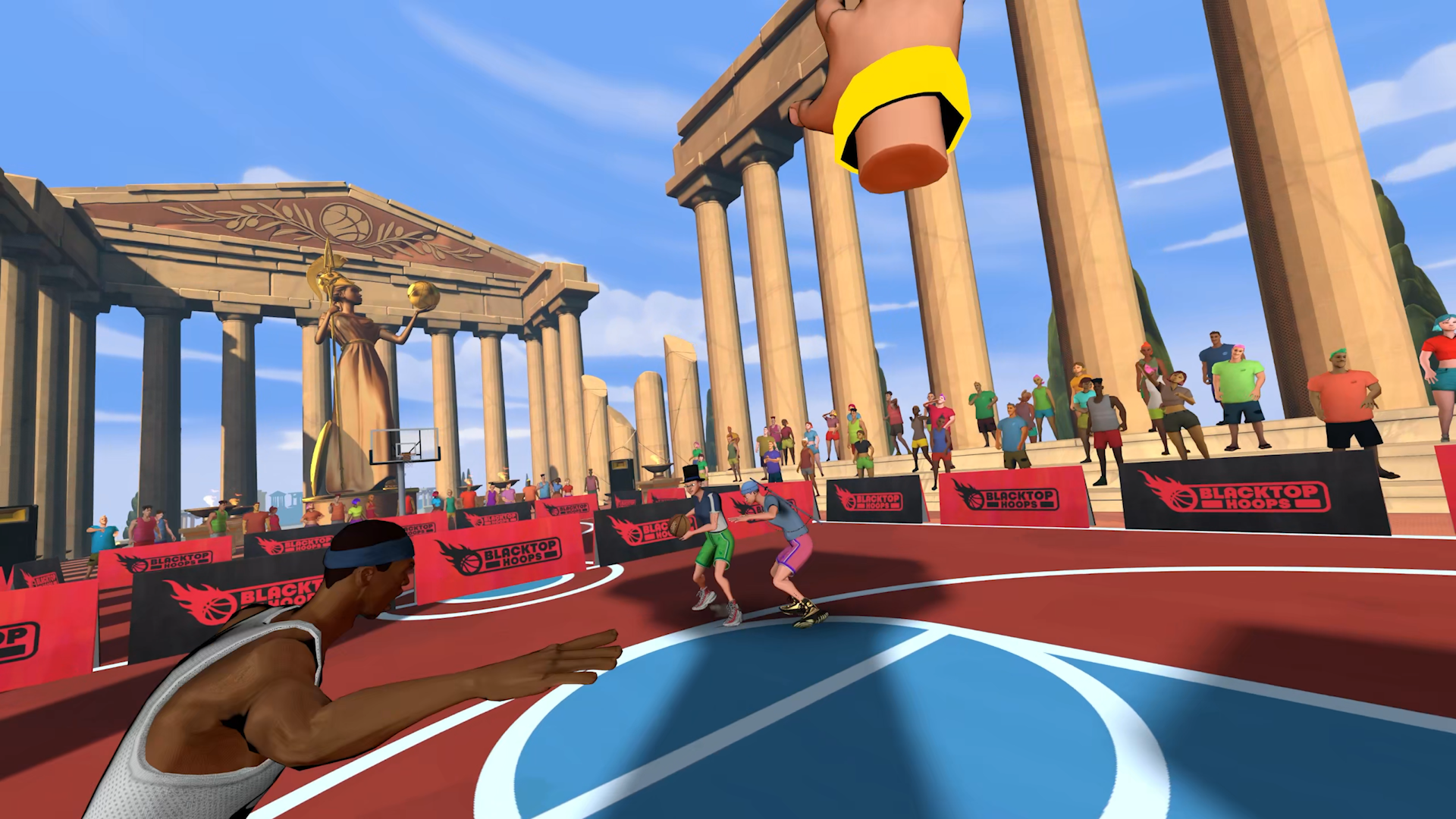 Blacktop Hoops screenshot, several players on an Athens-themed court