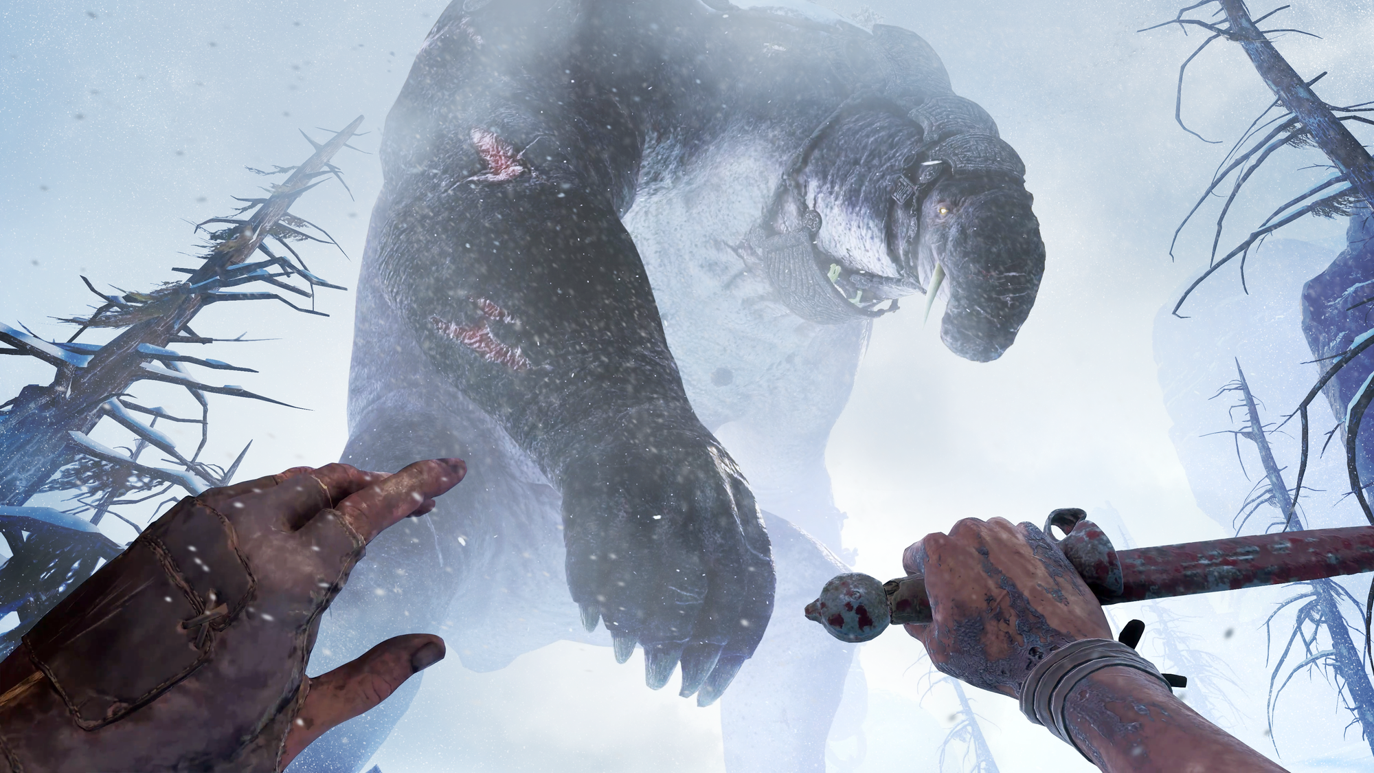 Behemoth VR screenshot, main character in front of a massive behemoth