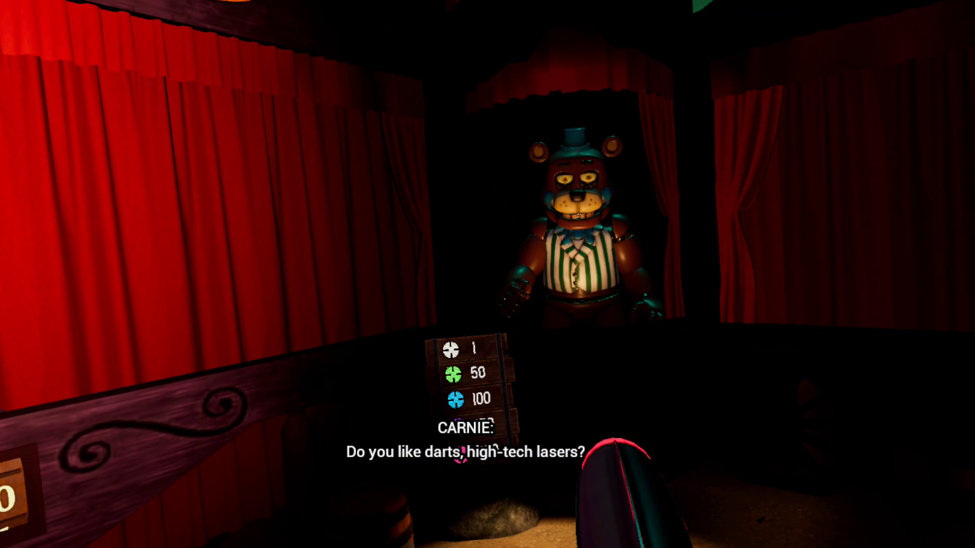 A carnie-themed robot bear says "Do you like darts, high-tech lasers?" in front of a scoreboard