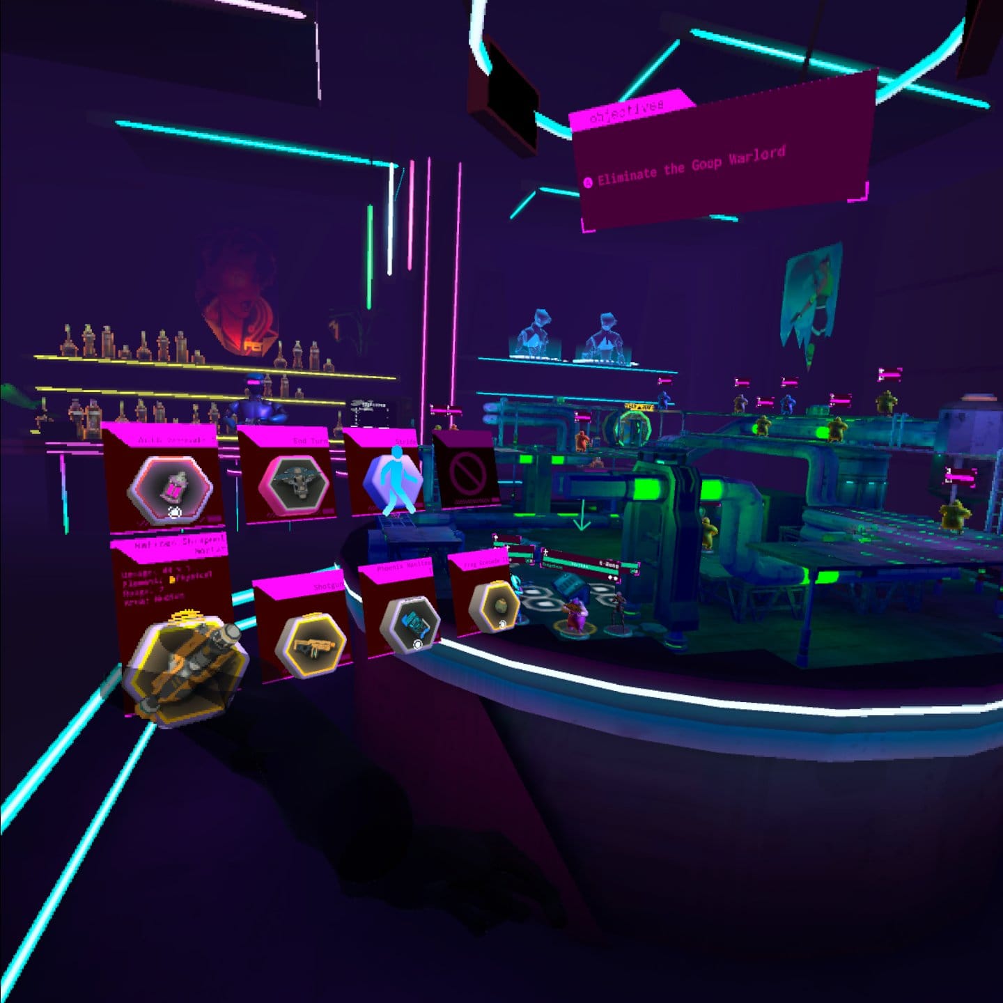 Neon Squad Tactics screenshot -  shows the cyberpunk board and actions available