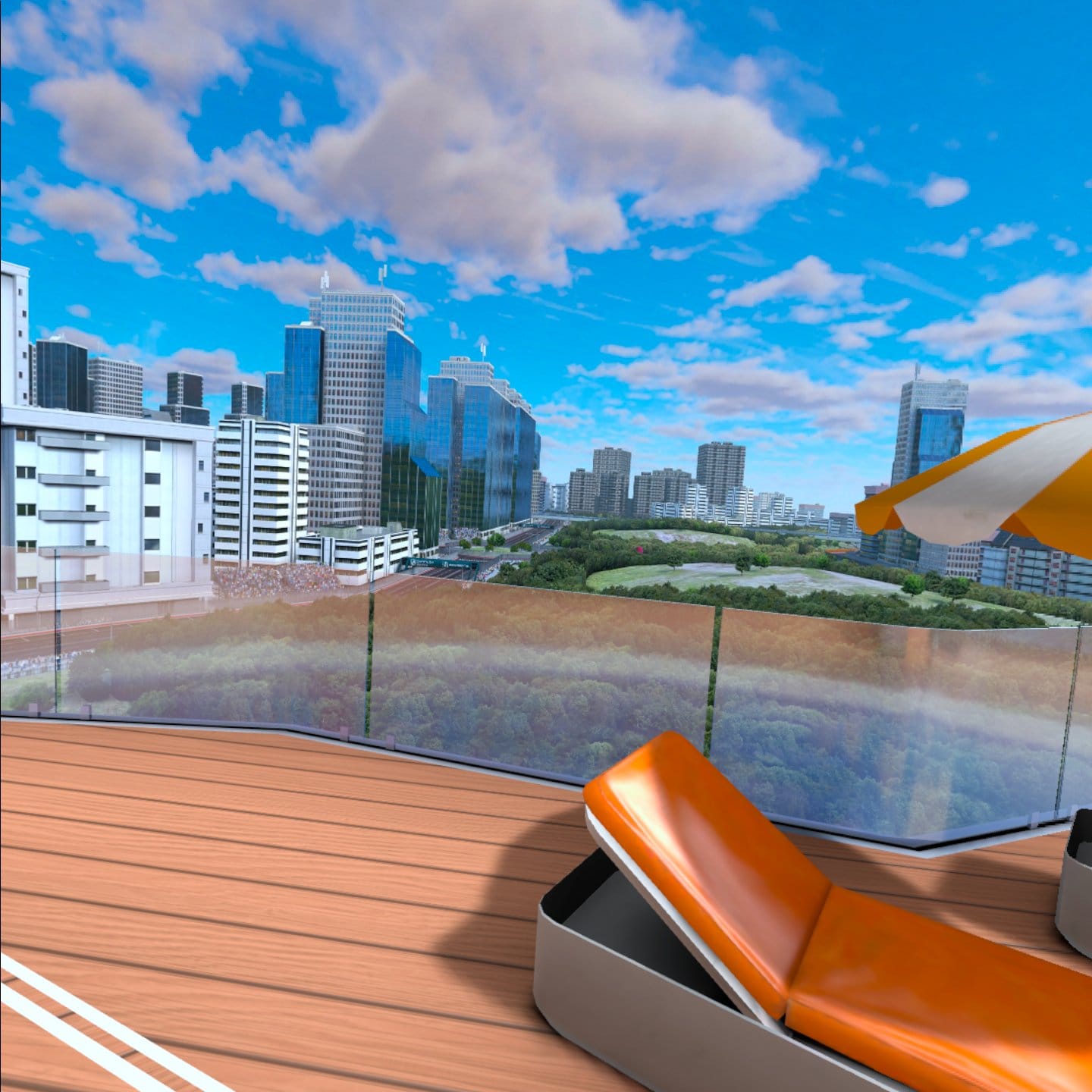 A view from the apartment in Downtown Club, showing a beautiful park and cityscape. 