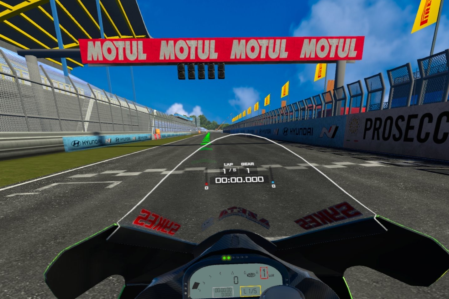 VRIDER screenshot - a motorbike on a VR game screen, centered on the road and ready to race.