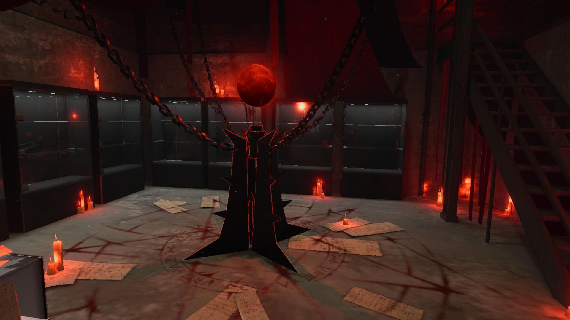 Ominous red orb on a pillar with satanic markings on the floor, candles lighting the room
