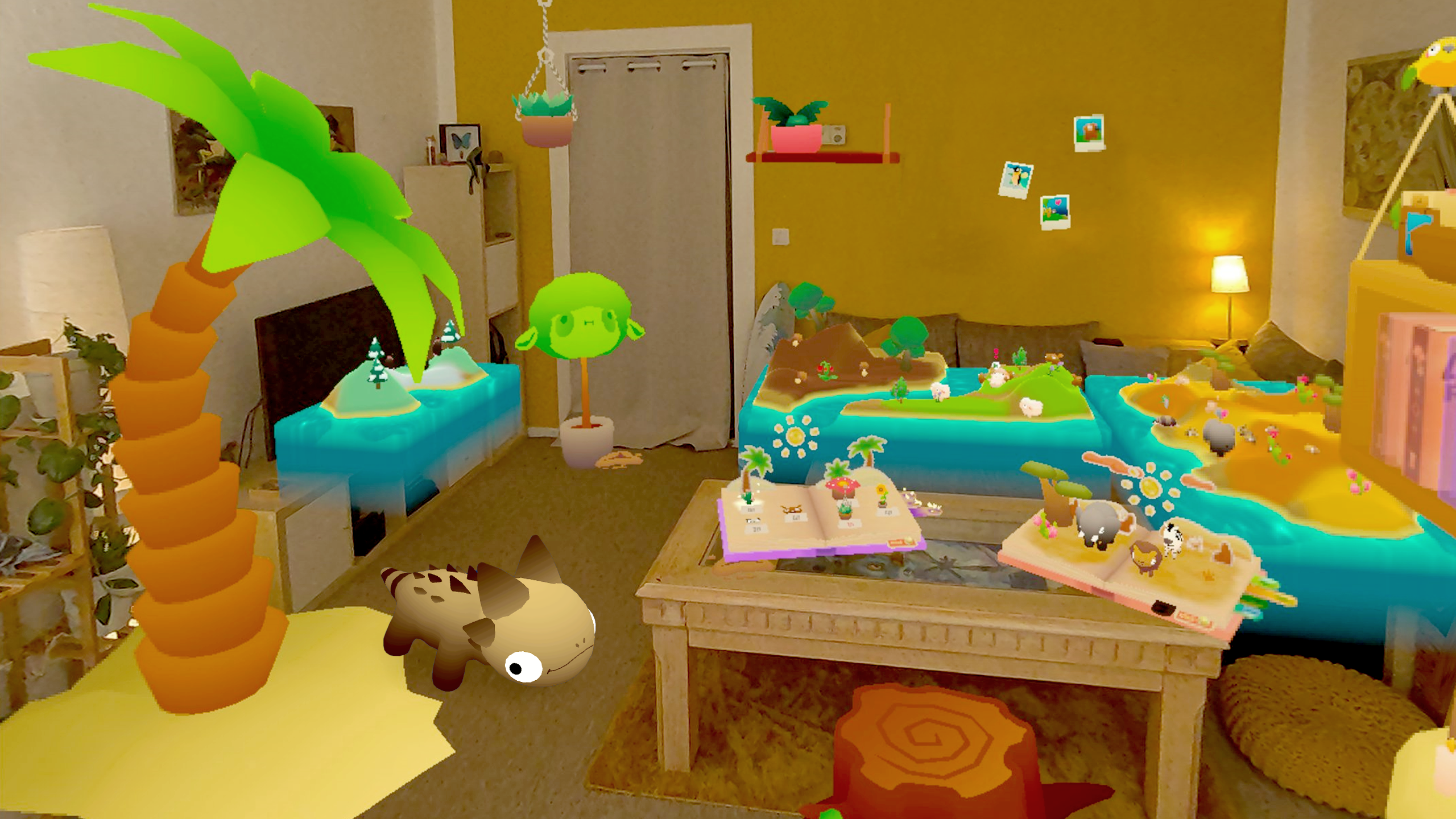 Living Room screenshot shows digital biomes and animals across a real world house