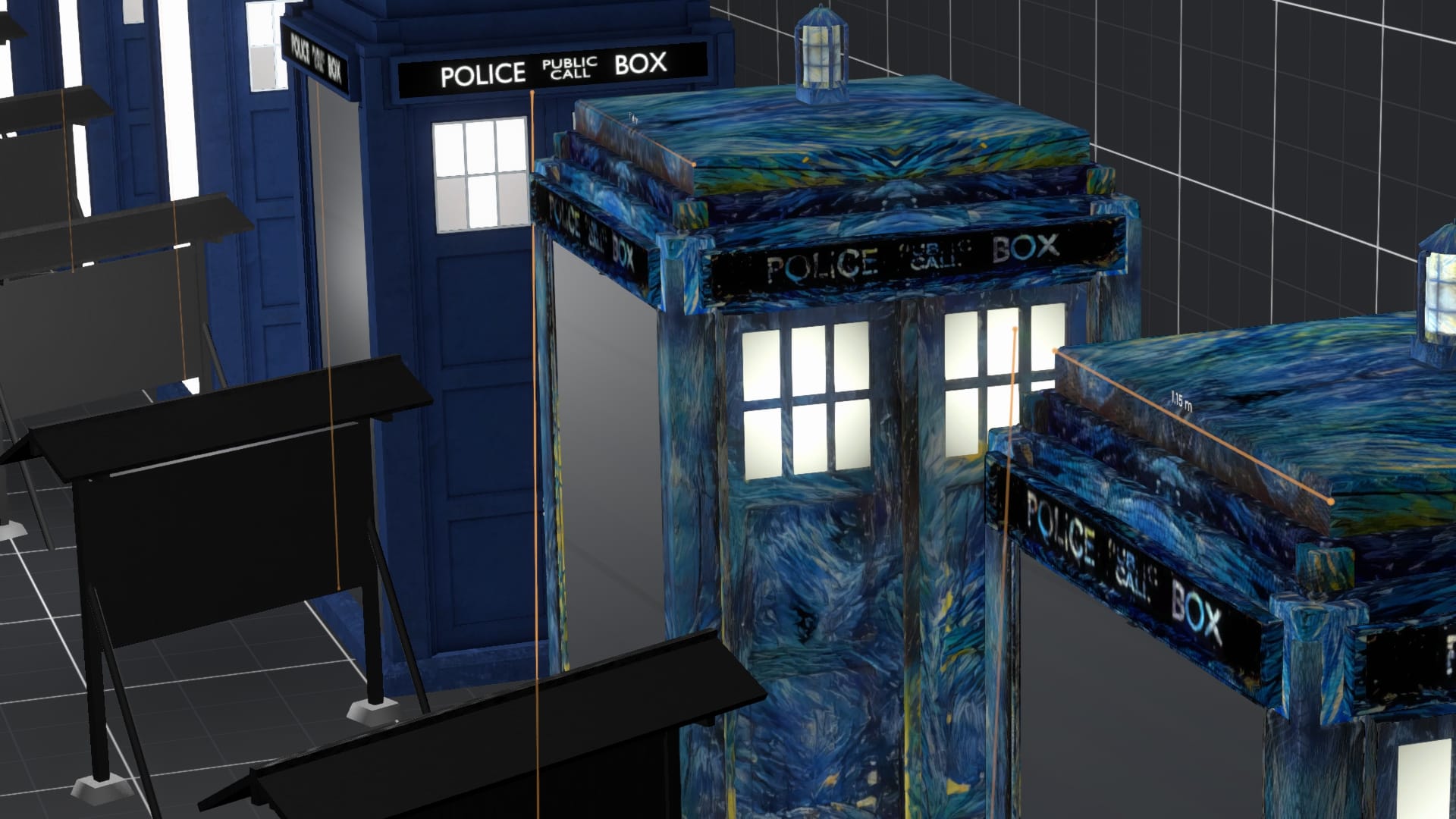 Multiple TARDIS models sitting in a grid room with signs placed next to them.