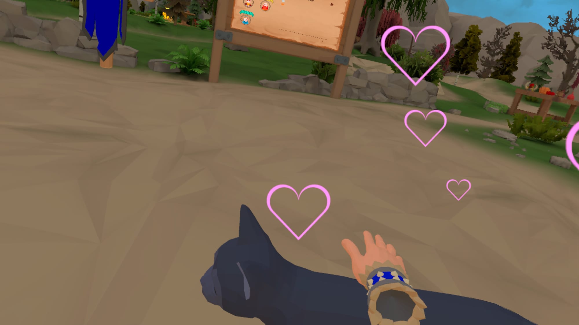 Ashen Arrows screenshot shows an animal being petted with hearts appearing around it