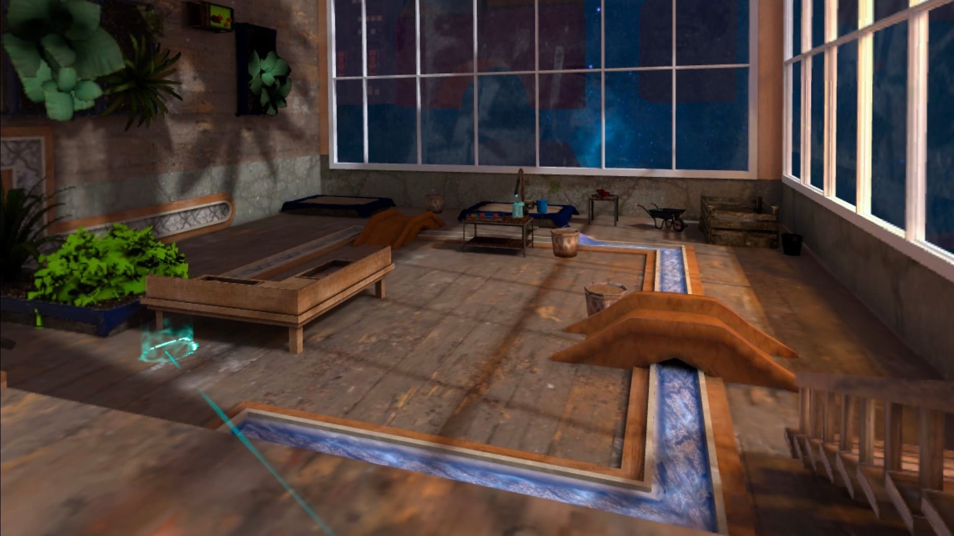 Selina: Mind at Large screen shot shows wooden floors, plant life and a room with large windows.