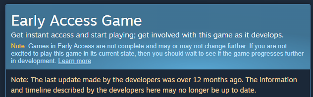 Escape The Backrooms update warning saying the game hasn't been updated for over 12 months.