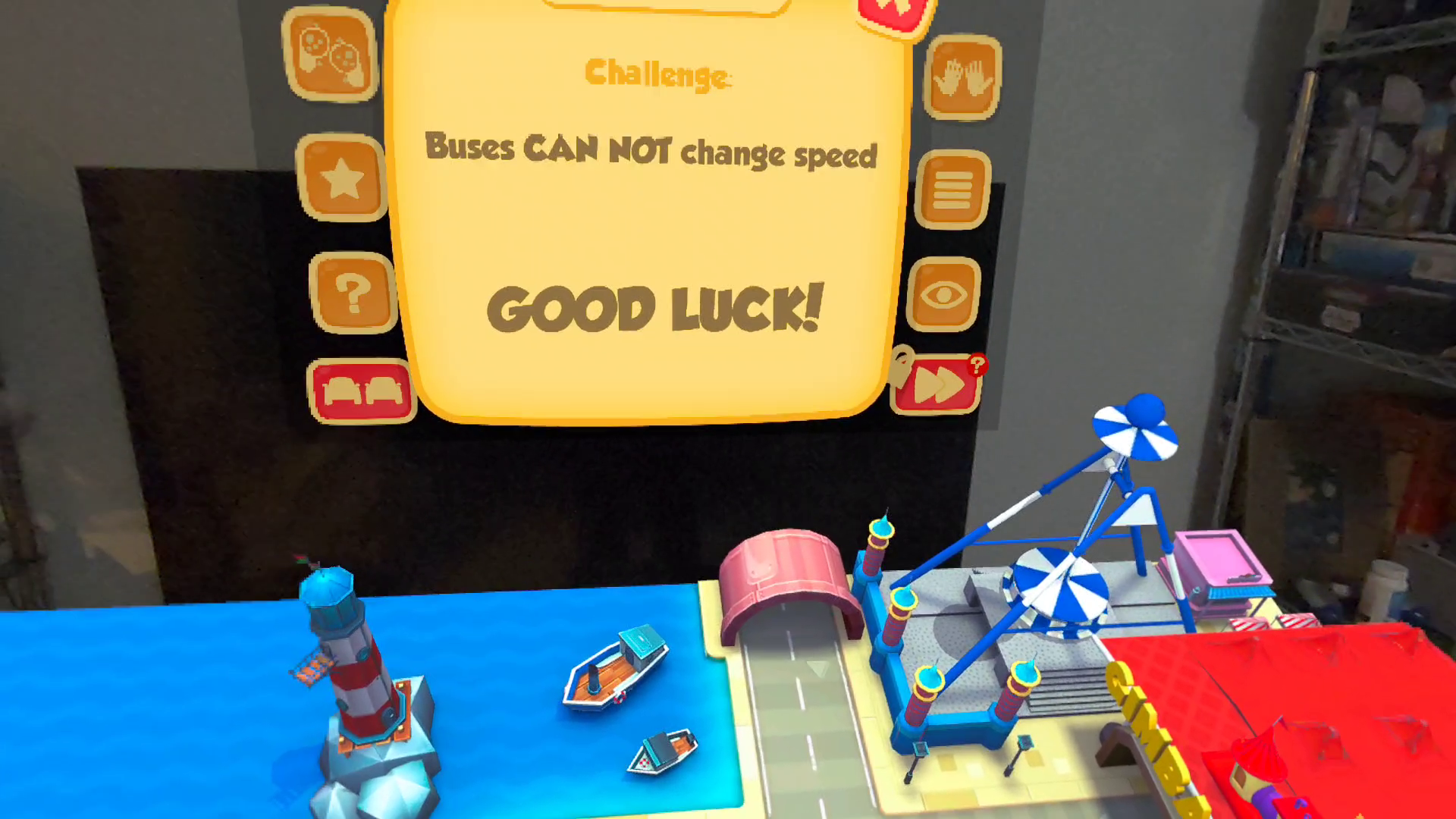 Stupid Cars menu board in mixed reality showing a challenge that says "buses can not change speed."