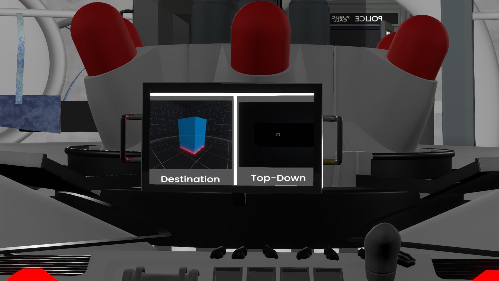 A navigational system for a virtual TARDIS featuring levers and buttons, with a visual screen aid.