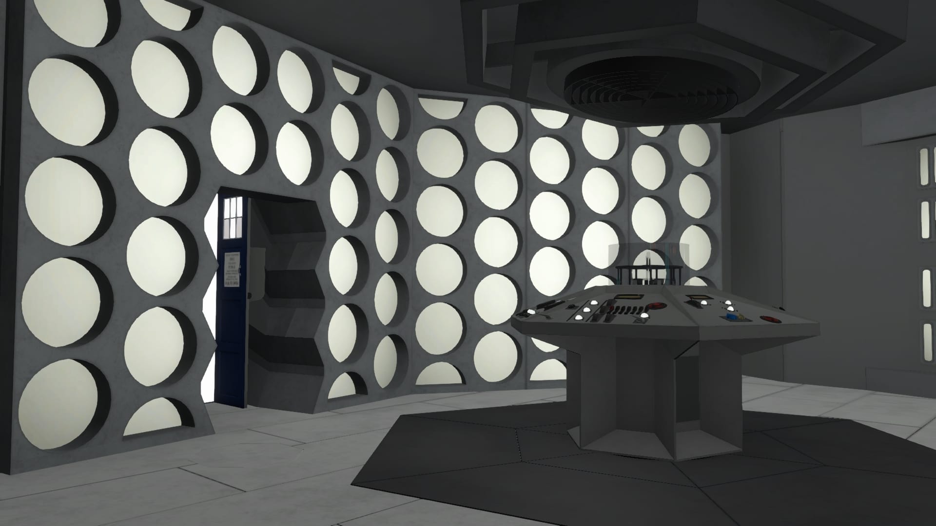 A virtual TARDIS featuring an interior design of circular cutouts in the walls, like the 1960s Doctor Who.