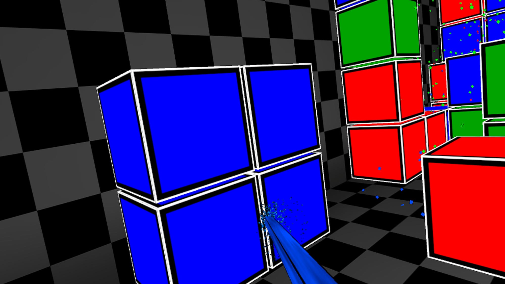 Boxed Out screenshot shows you aiming at four blue boxes stuck together