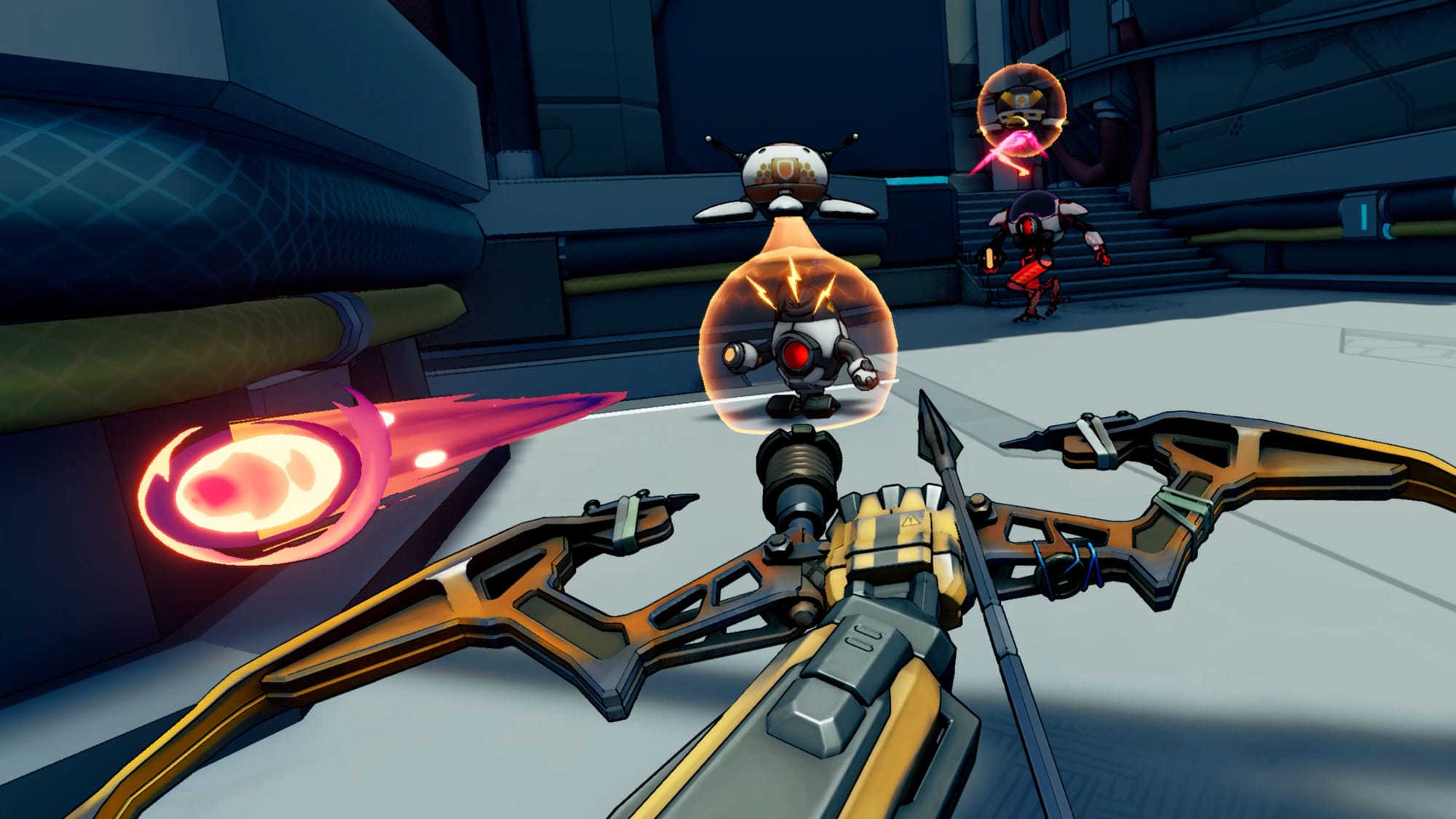 Bow and arrow being pointed at a bot protected by a shield