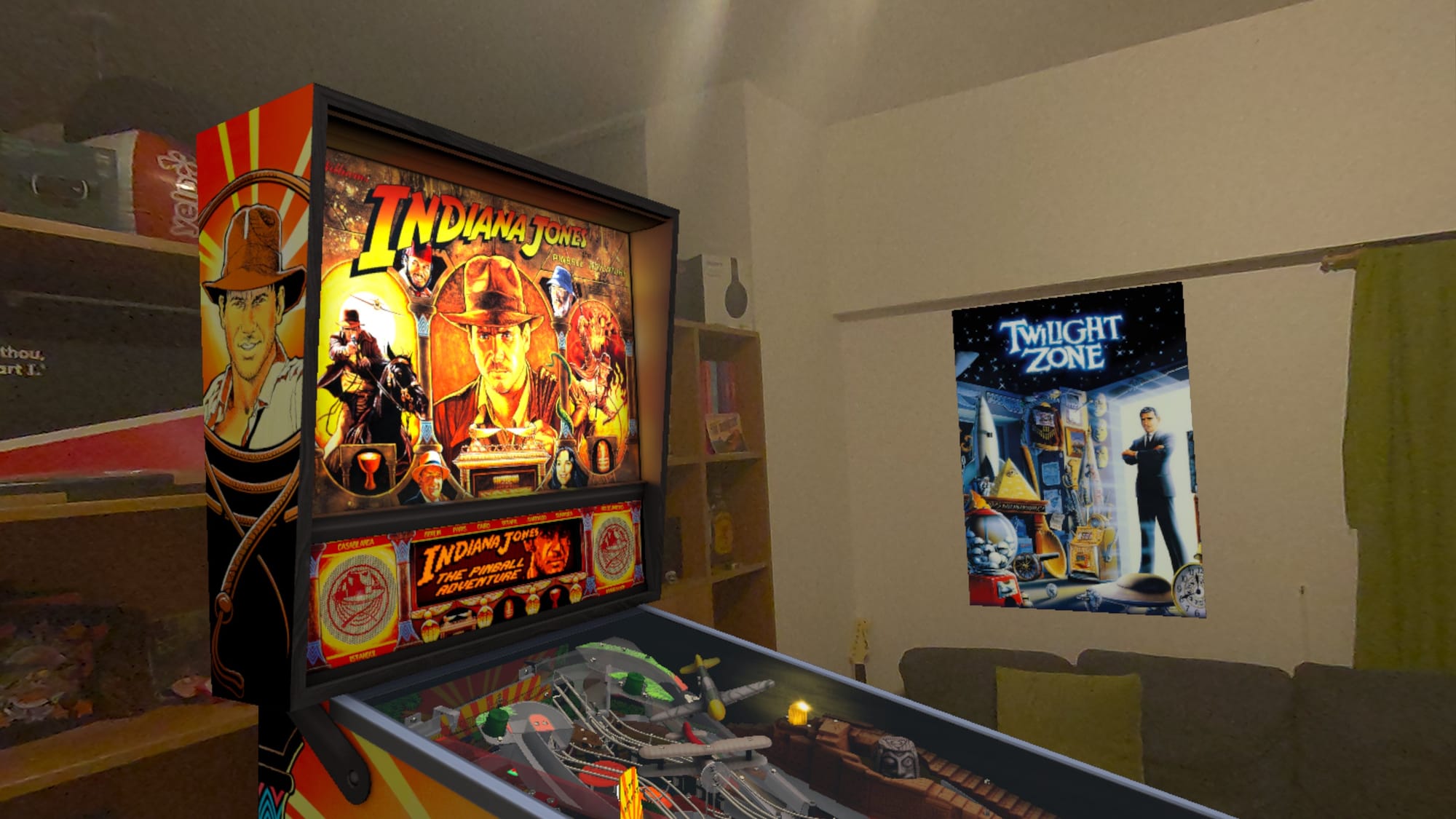 the indiana jones table in mixed reality, next to a digital twilight zone poster on the wall