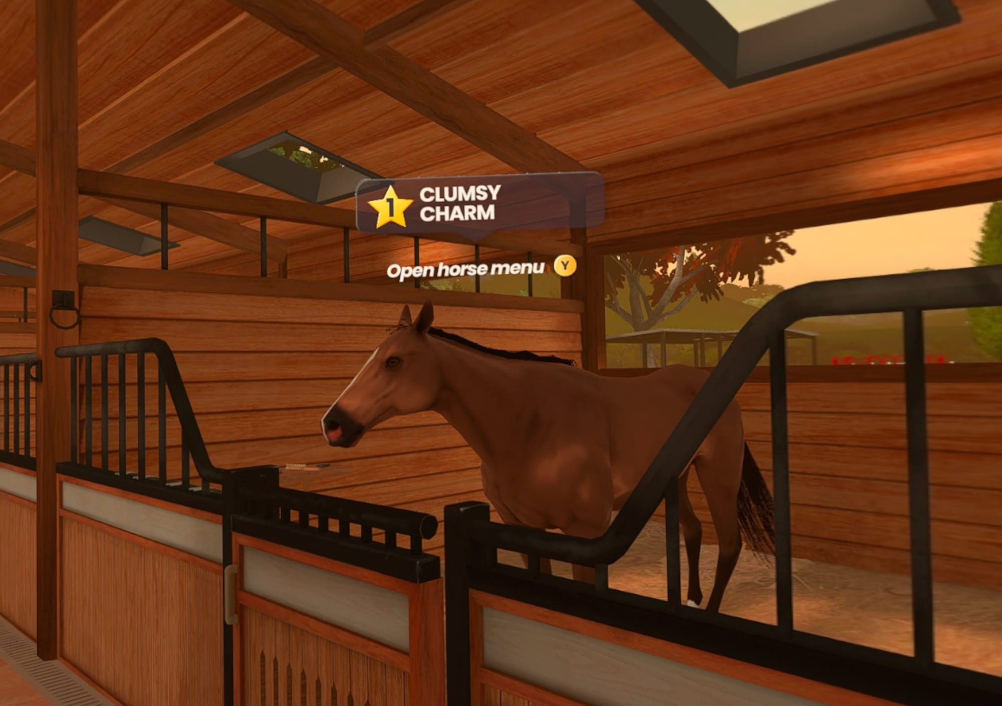 A horse within a stall waiting patiently (video game screenshot)